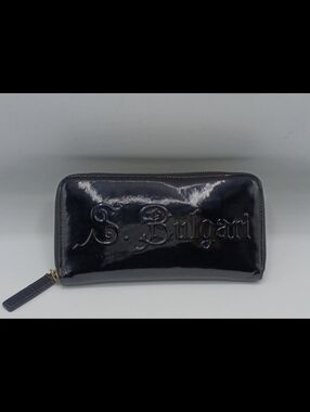 Bulgari Glossy Black Patent Leather Zip Wallet